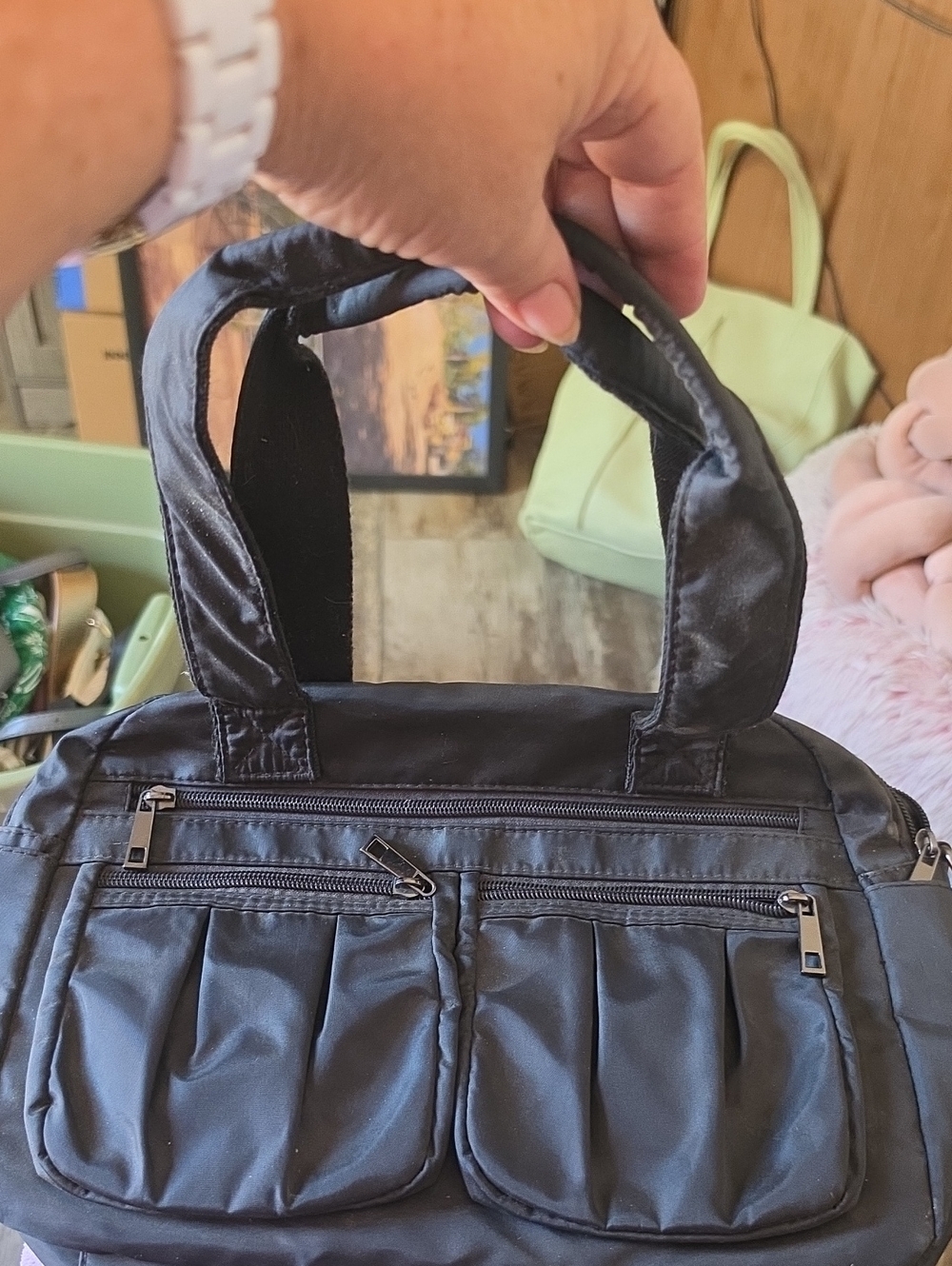 Black Nylon Top-Handle Tote with Front Pockets